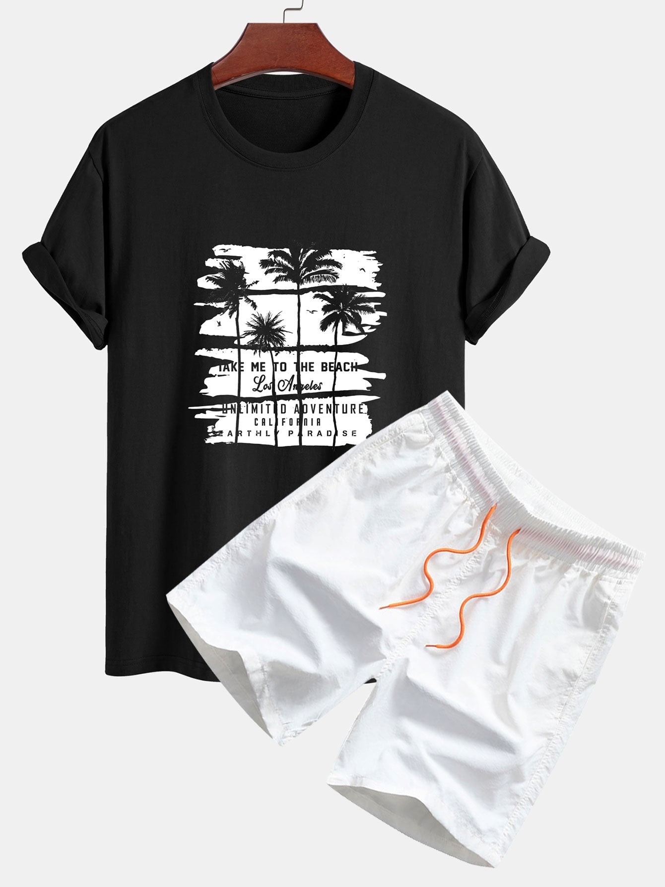 Palm Tree Silhouette Print Cotton T-Shirt & Man Mid Length Drawstring Swim Shorts